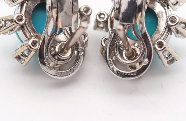 -French 1960 Modernist Earrings In 18Kt Gold With 12.98 Ctw In Diamonds & Turquoises