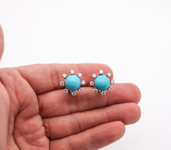 -French 1960 Modernist Earrings In 18Kt Gold With 12.98 Ctw In Diamonds & Turquoises