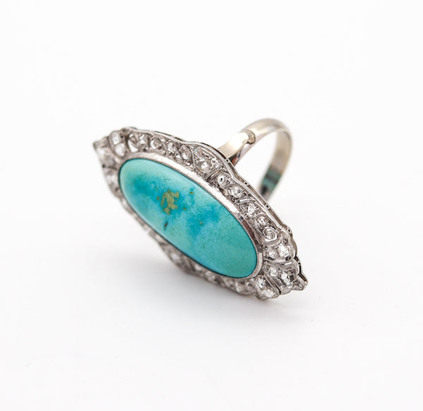 EDWARDIAN 1905 Cocktail Ring In Platinum With 14.16 Ctw Turquoise & Diamonds