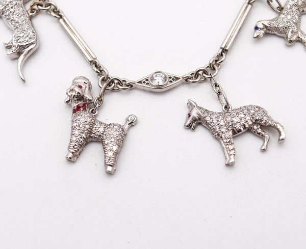 ART DECO 1925 Five Dogs Charms Bracelet In Platinum With 4.03 Ctw Diamonds