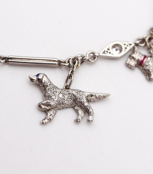 ART DECO 1925 Five Dogs Charms Bracelet In Platinum With 4.03 Ctw Diamonds
