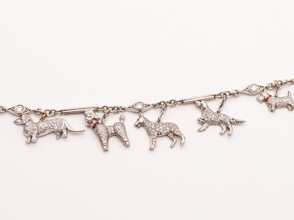 ART DECO 1925 Five Dogs Charms Bracelet In Platinum With 4.03 Ctw Diamonds