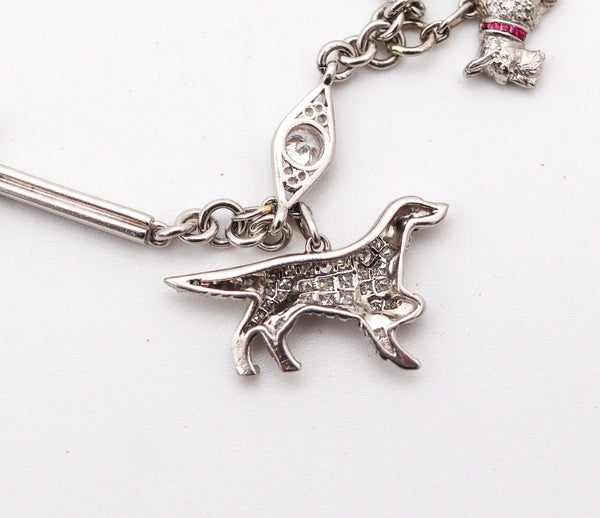 ART DECO 1925 Five Dogs Charms Bracelet In Platinum With 4.03 Ctw Diamonds