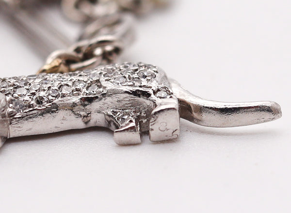 ART DECO 1925 Five Dogs Charms Bracelet In Platinum With 4.03 Ctw Diamonds