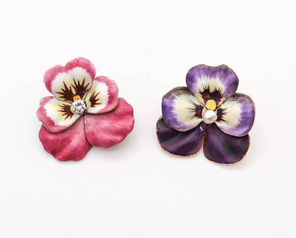 ART NOUVEAU 1900 Enameled Pansy Earrings In 14Kt Gold With Diamond & Pearl