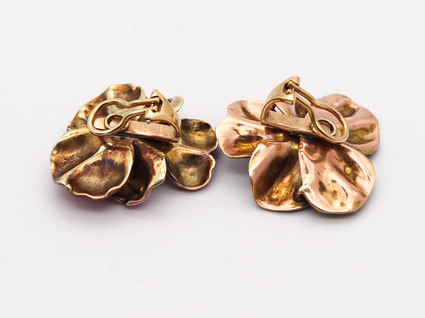 ART NOUVEAU 1900 Enameled Pansy Earrings In 14Kt Gold With Diamond & Pearl