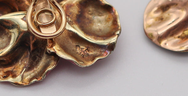 ART NOUVEAU 1900 Enameled Pansy Earrings In 14Kt Gold With Diamond & Pearl