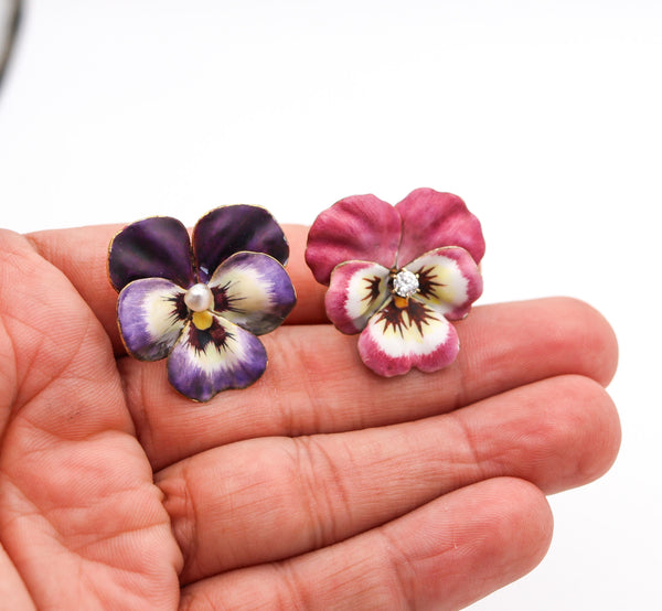 ART NOUVEAU 1900 Enameled Pansy Earrings In 14Kt Gold With Diamond & Pearl