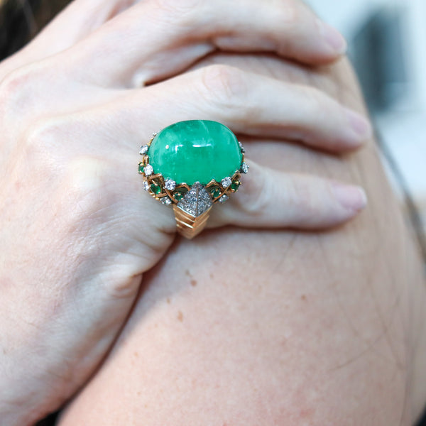 PIERRE STERLE 1955 Cocktail Ring 18Kt Gold-Platinum 43.49 Ctw Emerald & Diamonds