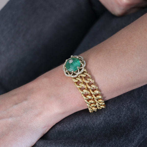 EUROPEAN 1860 Victorian Bracelet In 16Kt Gold With 33.10 Ctw Emerald & Diamonds
