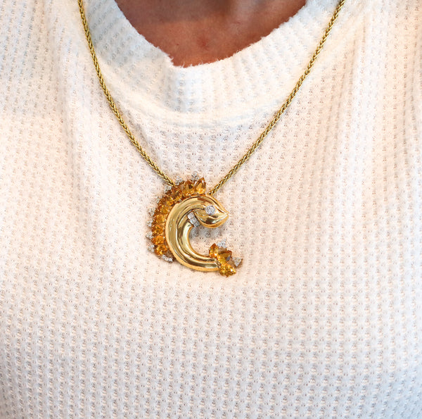 -Austria 1930 Art Deco Fish Brooch In 18Kt Gold With 33.28 Ctw Diamonds & Citrines