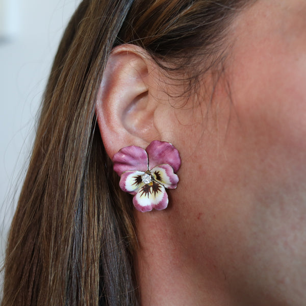 ART NOUVEAU 1900 Enameled Pansy Earrings In 14Kt Gold With Diamond & Pearl
