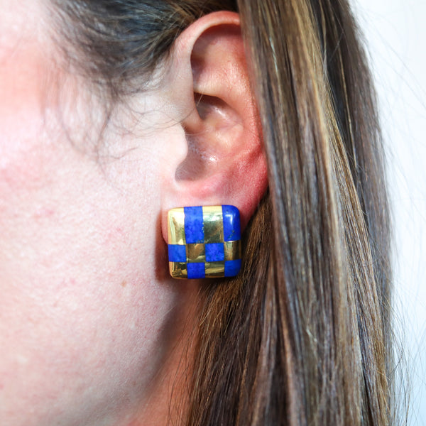 Tiffany & Co. 1982 Angela Cummings Lapis Checkerboard Earrings In 18Kt Yellow Gold