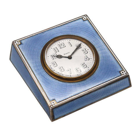 -Swiss 1915 Art Deco Guilloche Blue Enamel Desk Clock In Sterling Silver