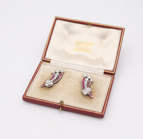GARRARD & CO. 1930 Art Deco Platinum Clips Earrings With 4.38 Cts Diamonds & Rubies