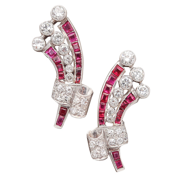 GARRARD & CO. 1930 Art Deco Platinum Clips Earrings With 4.38 Cts Diamonds & Rubies