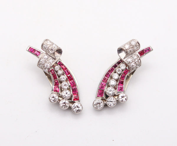 GARRARD & CO. 1930 Art Deco Platinum Clips Earrings With 4.38 Cts Diamonds & Rubies