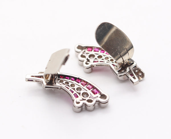 GARRARD & CO. 1930 Art Deco Platinum Clips Earrings With 4.38 Cts Diamonds & Rubies