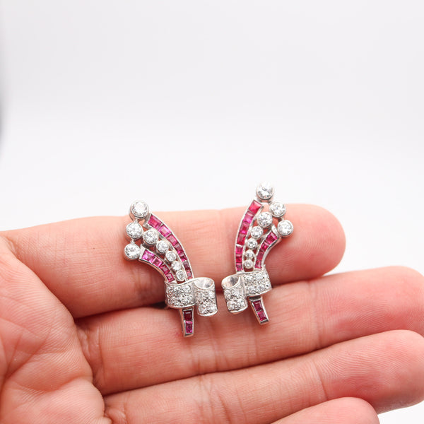 GARRARD & CO. 1930 Art Deco Platinum Clips Earrings With 4.38 Cts Diamonds & Rubies
