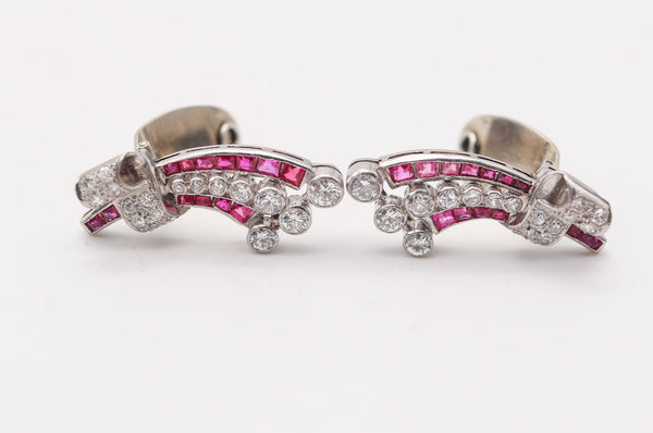 GARRARD & CO. 1930 Art Deco Platinum Clips Earrings With 4.38 Cts Diamonds & Rubies