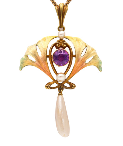 -Henry Blank & Co. 1900 Art Nouveau Enameled Necklace In 14Kt Gold With Pearls