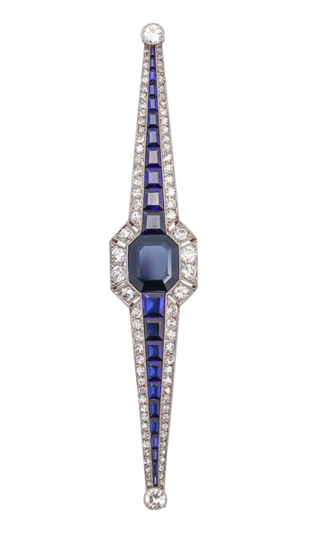 CHAUMET 1930 Art Deco Brooch In Platinum With 12.83 Ctw Diamond & Sapphires