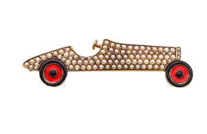 -SLOAN & Co. 1920 Art Deco Enameled Racing Car Brooch In 14Kt Gold With Pearls