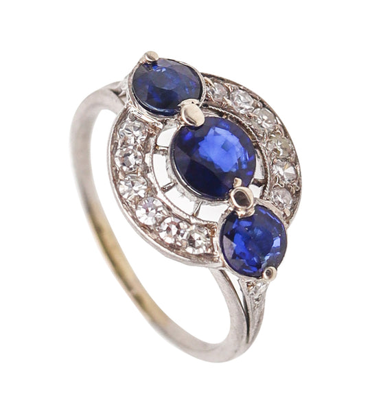 BLACK STARR & FROST 1925 Art Deco Platinum Ring With 3.55 Ctw Sapphires & Diamonds