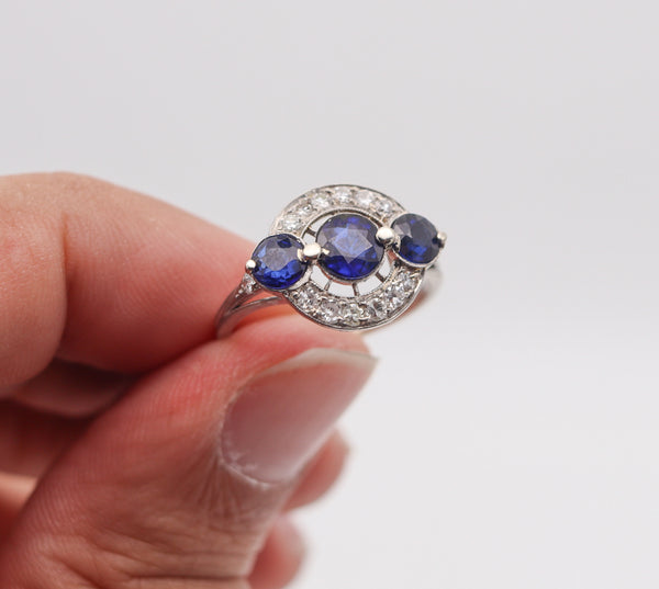 BLACK STARR & FROST 1925 Art Deco Platinum Ring With 3.55 Ctw Sapphires & Diamonds