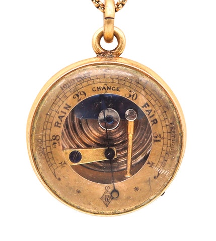 -England 1880 Victorian Barometer Pocket Pendant-Charm In 18Kt Yellow Gold