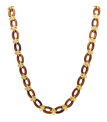 -Italian 1960 Mid Century Long Sautoir Necklace In 14Kt Yellow Gold With Tiger Eye