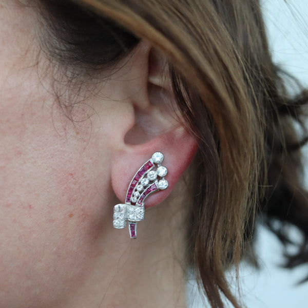 GARRARD & CO. 1930 Art Deco Platinum Clips Earrings With 4.38 Cts Diamonds & Rubies