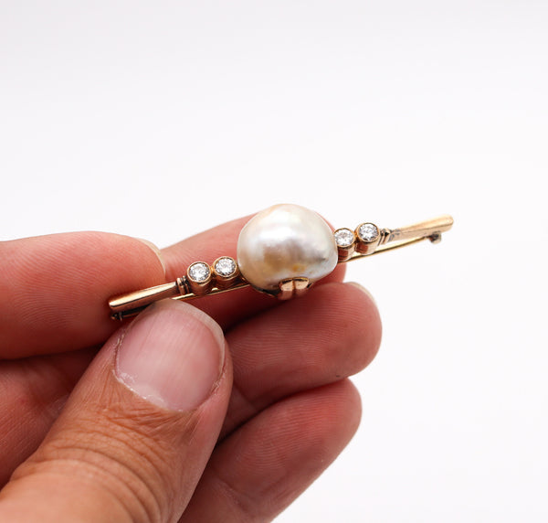 VICTORIAN 1890 GIA Bar Brooch In 14Kt Gold With 15.78 mm Natural Pearl & Diamonds