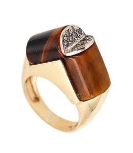-Modernist 1960 Sculptural Geometric Ring In 14Kt Gold With Diamonds & Tiger Eye
