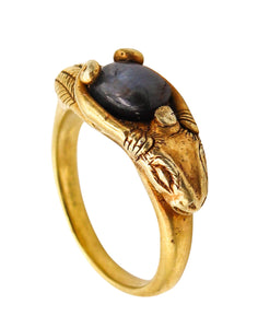 -Victorian 1860 Ancient Revival Ram Ring In 22Kt Yellow Gold With a Sapphire