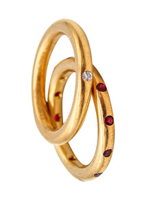 -Reinstein Ross Stackable Duo Rings In 22Kt Yellow Gold With Rubies and a Diamond