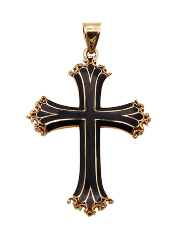 -Italian 1960 Neo Gothic Black Enameled Cross In Solid 18Kt Yellow Gold