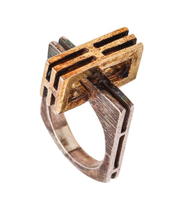 -Danish Modernism 1970 Geometric Sculptural Ring in Sterling And 14Kt Gold