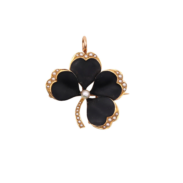 -Crane & Theurer 1900 Art Nouveau Enameled Clover Pendant 14Kt Gold With Pearls