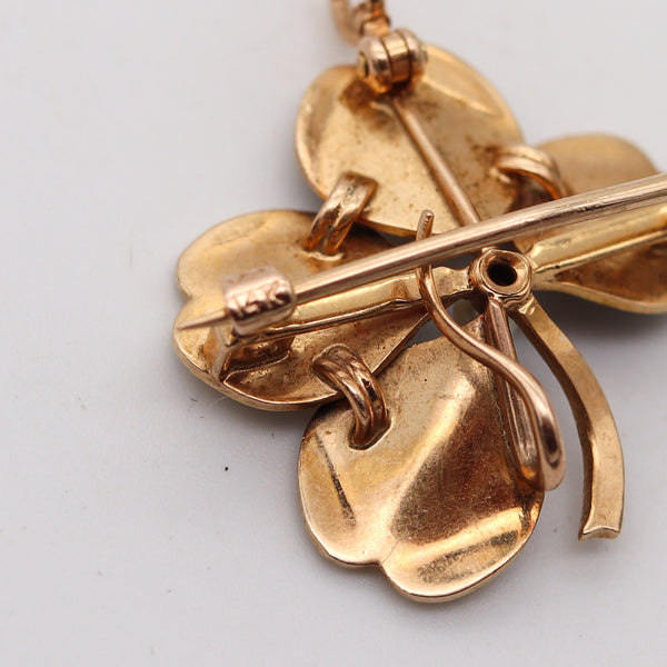 -Crane & Theurer 1900 Art Nouveau Enameled Clover Pendant 14Kt Gold With Pearls