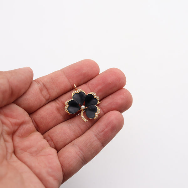 -Crane & Theurer 1900 Art Nouveau Enameled Clover Pendant 14Kt Gold With Pearls