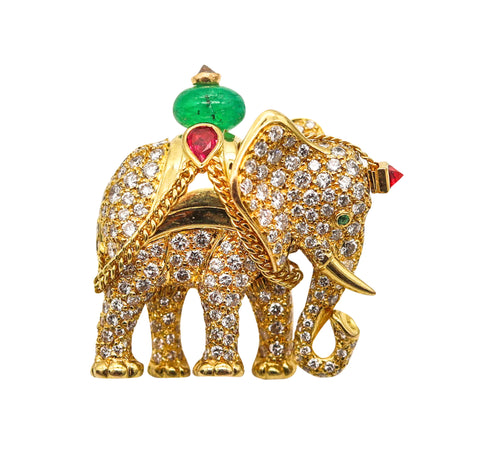 -Cartier Paris Elephant Brooch In 18Kt Gold With 5.24 Ctw Diamonds Emeralds & Rubies