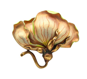 -Art Nouveau 1900 Opalescent Enameled Orchid Pendant Brooch In 14Kt Yellow Gold