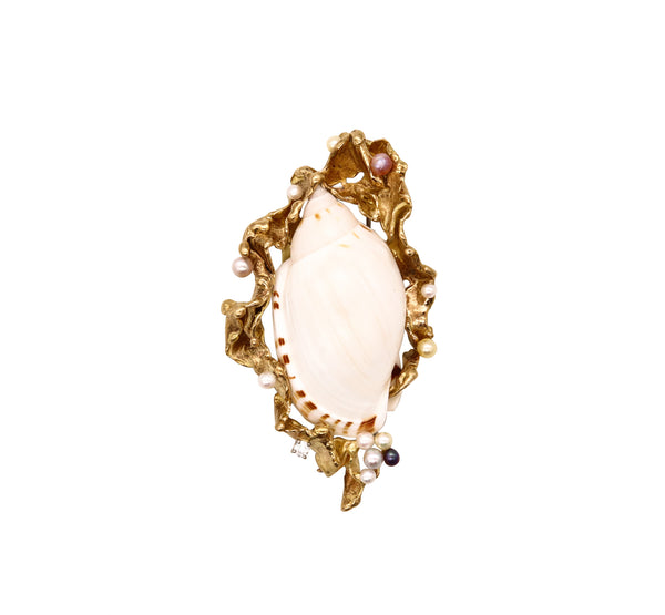 -Gilbert Albert 1970 Swiss Modernist Pendant Brooch In 18Kt Gold Shell And Pearls