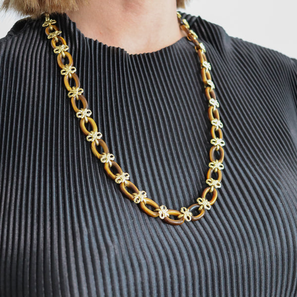 -Italian 1960 Mid Century Long Sautoir Necklace In 14Kt Yellow Gold With Tiger Eye
