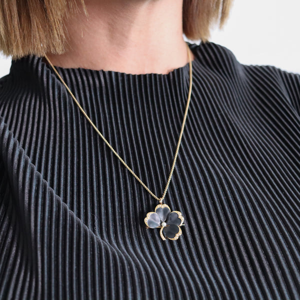 -Crane & Theurer 1900 Art Nouveau Enameled Clover Pendant 14Kt Gold With Pearls