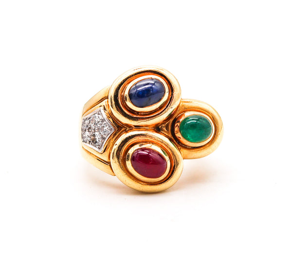 -David Webb Cocktail Ring In 18kt Gold & Platinum With 3.10 Cts In Gemstones Diamonds