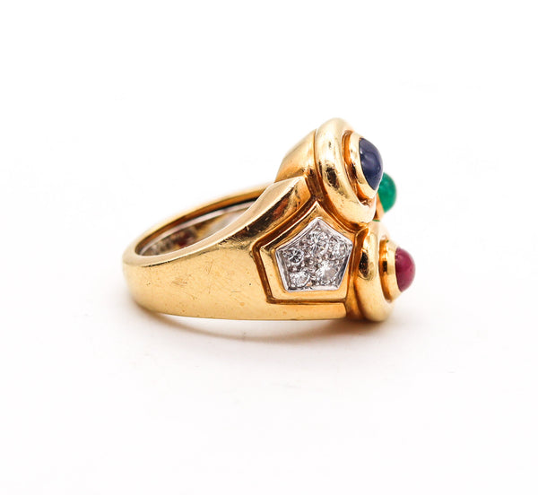 -David Webb Cocktail Ring In 18kt Gold & Platinum With 3.10 Cts In Gemstones Diamonds