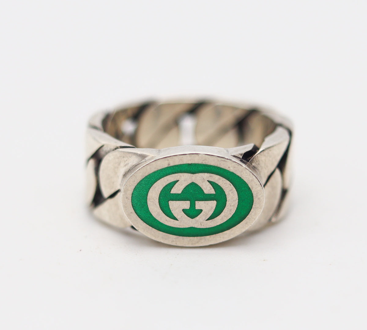 GUCCI 1990 Milan Modernist Enamel Logo Ring In Solid .925 Sterling