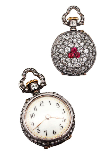 LE COULTRE 1890 Miniature Pendant Watch in Silver With 5.29 Ctw Diamonds & Rubies
